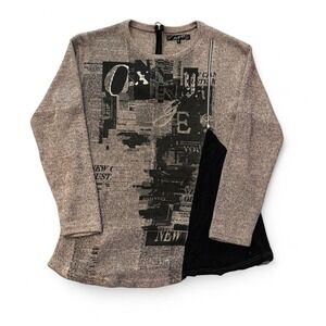 Oxygen Y2K Abstract Graphic Long Sleeve Top XL Black Gray Asymmetrical Tunic